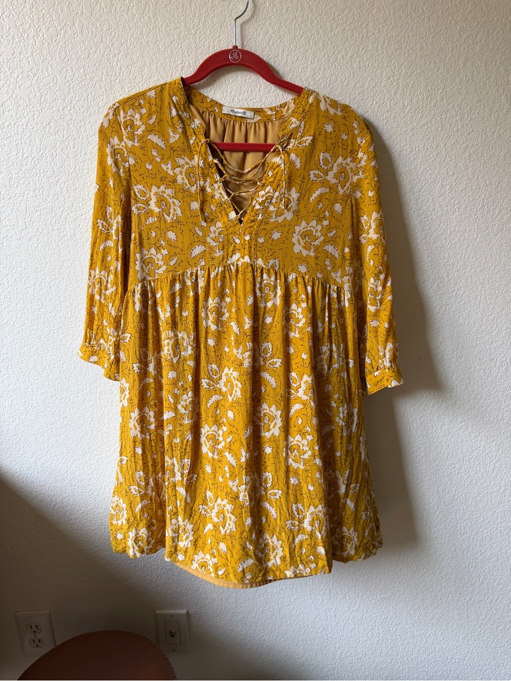 Madewell Mustard Floral Lace-Up Tunic Dress